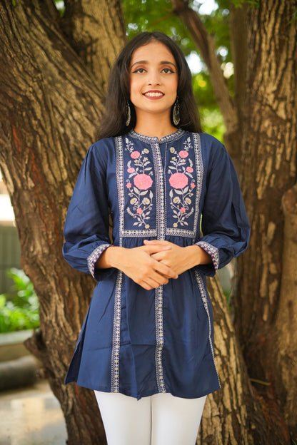 Rose Garden Embroidered Short Kurti - Blue