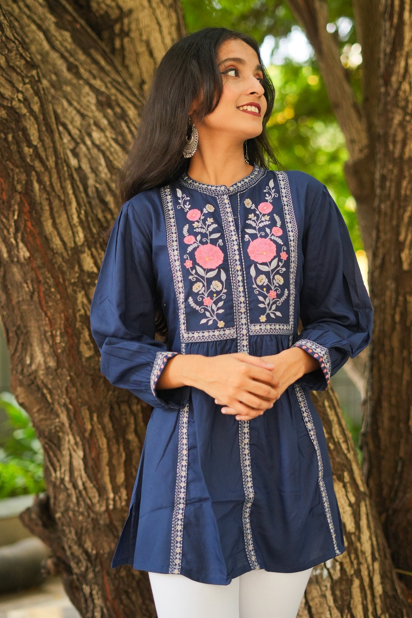 Rose Garden Embroidered Short Kurti - Blue