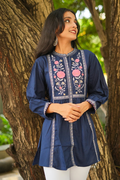 Rose Garden Embroidered Short Kurti - Blue