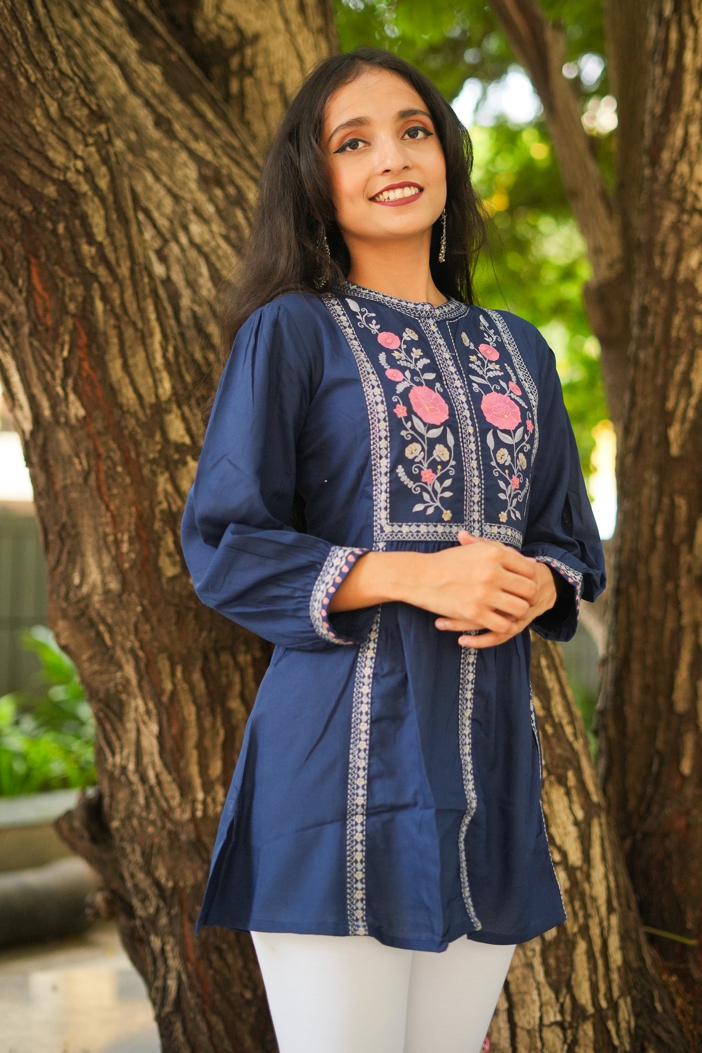 Rose Garden Embroidered Short Kurti - Blue