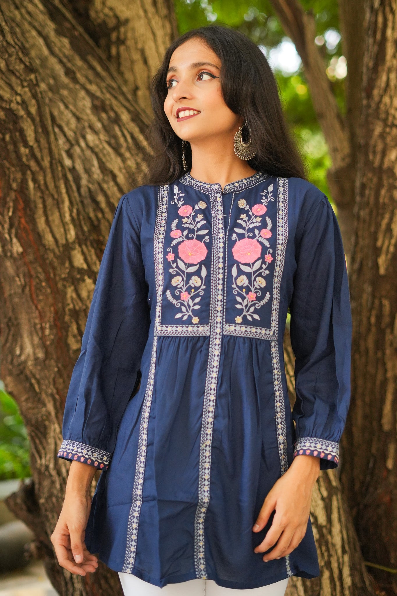 Rose Garden Embroidered Short Kurti - Blue