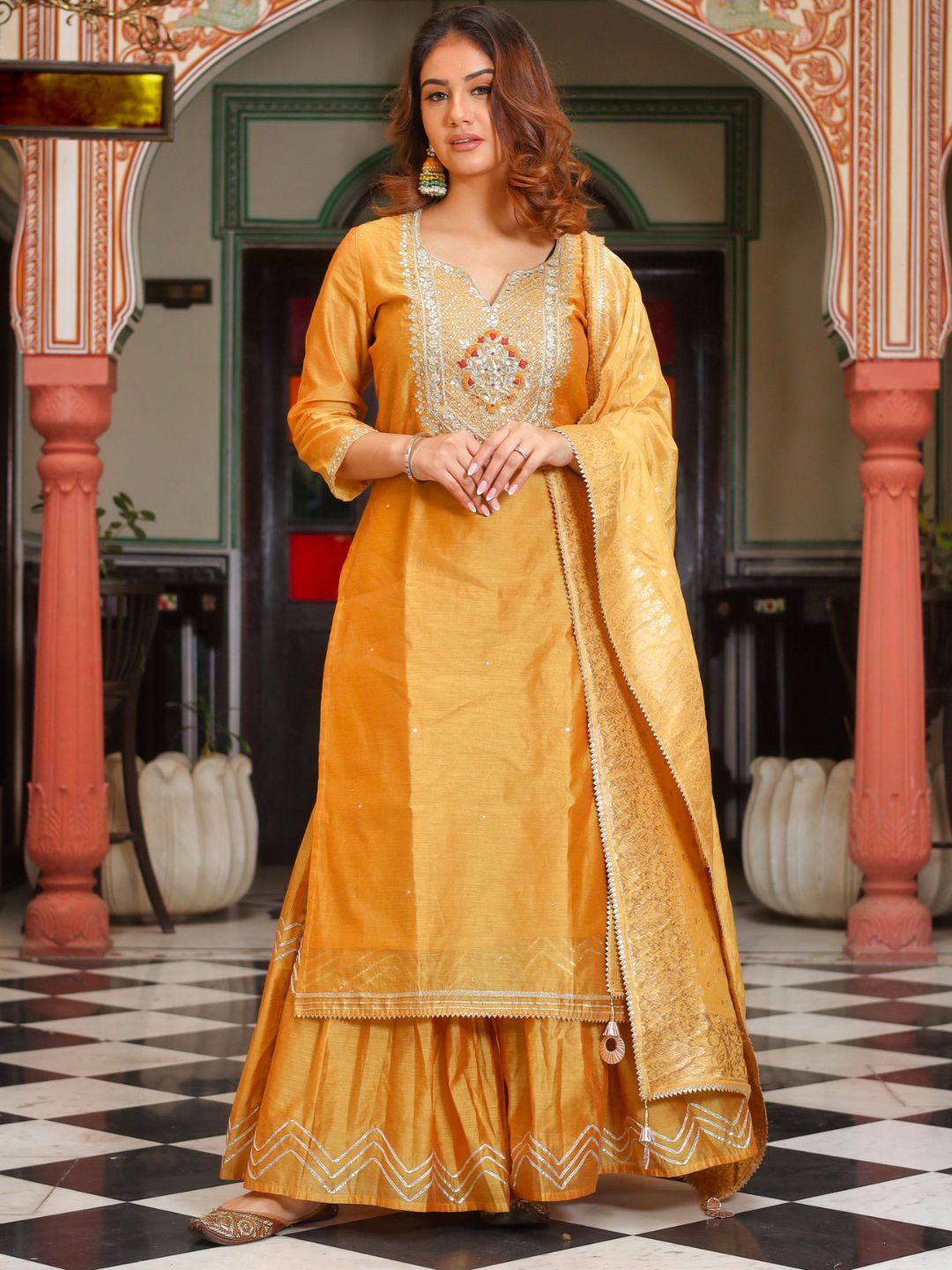 Yellow Gold Embroidered Chenderi Kurta Sharara Set with Dupatta