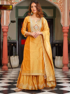 Yellow Gold Embroidered Chenderi Kurta Sharara Set with Dupatta