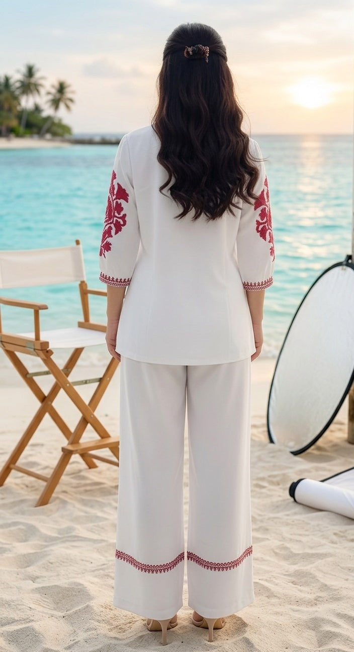 Divena White Solid Pink Embroidary Co-ord Sets