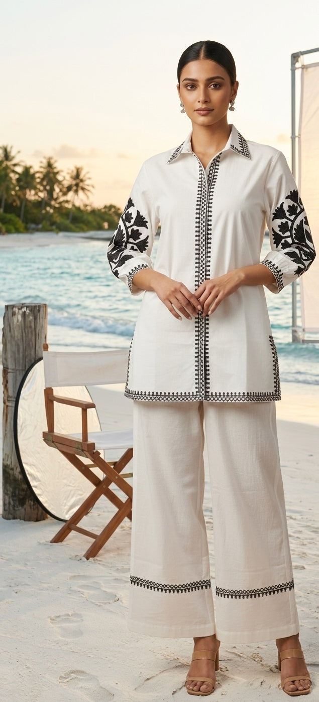 Divena White Solid Black Embroidary Co-ord Sets