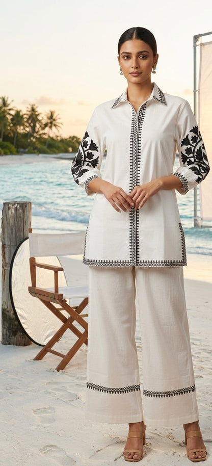 White Solid Black Embroidary Co-ord Sets