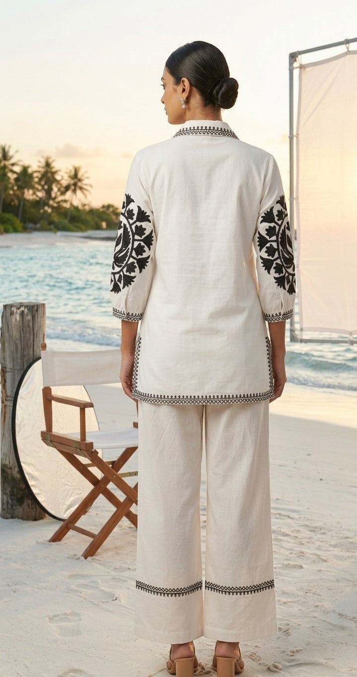 Divena White Solid Black Embroidary Co-ord Sets