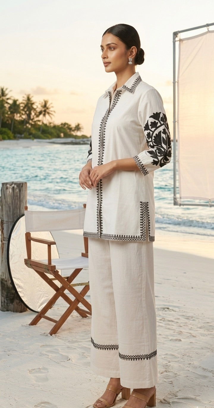 Divena White Solid Black Embroidary Co-ord Sets