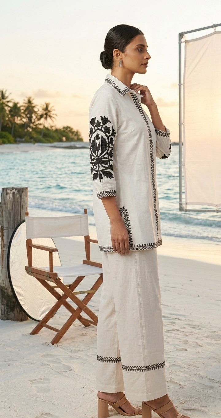 Divena White Solid Black Embroidary Co-ord Sets