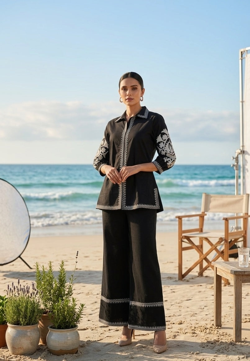 Divena Black Solid White Embroidary Co-ord Sets