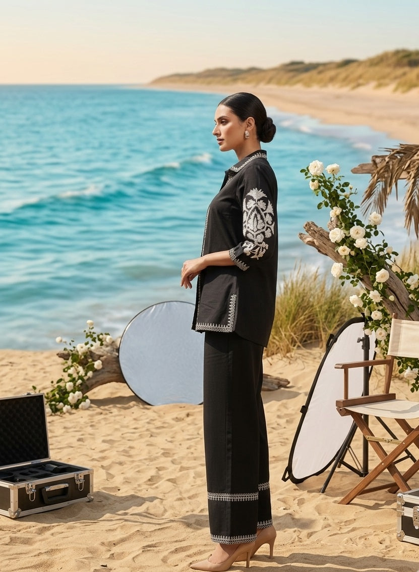 Divena Black Solid White Embroidary Co-ord Sets