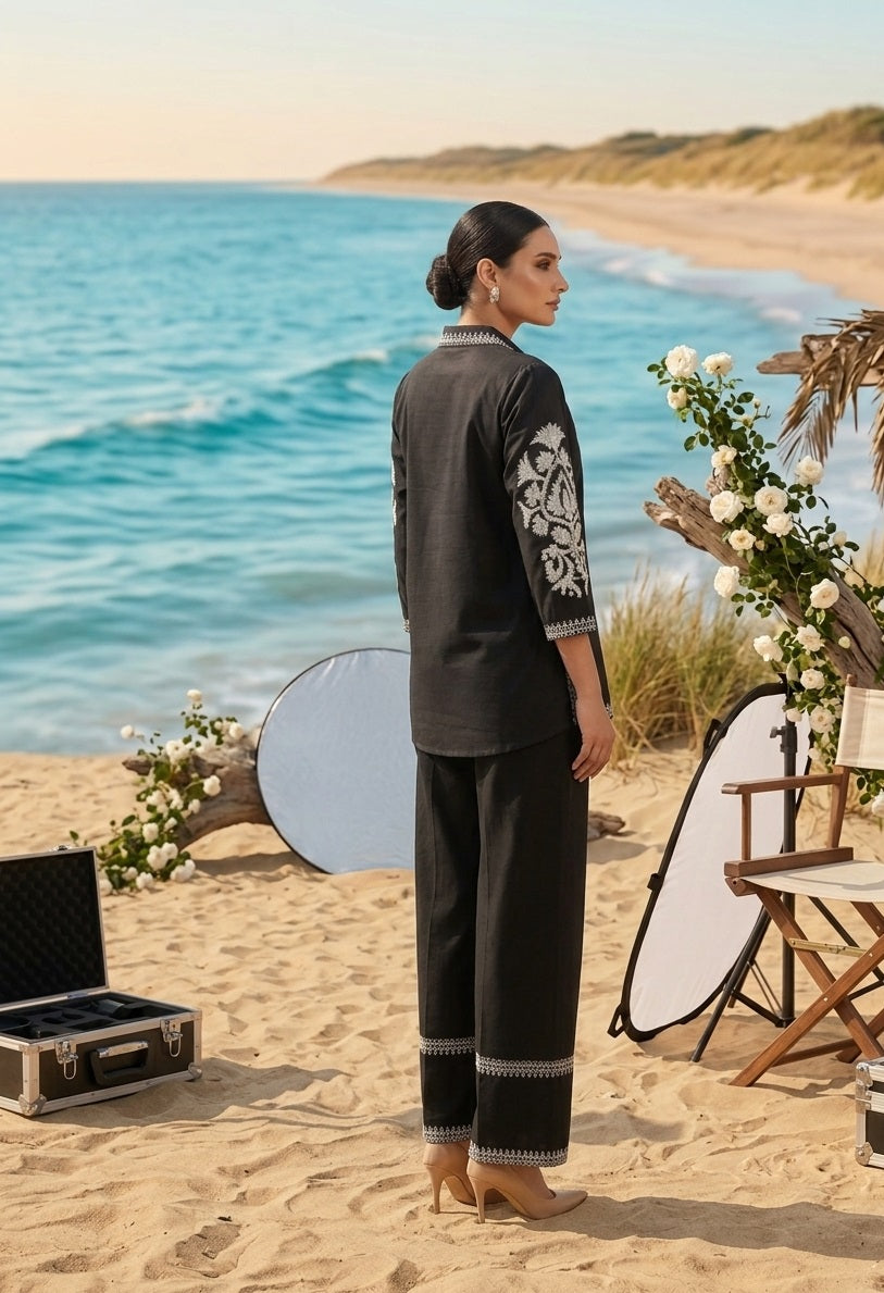 Divena Black Solid White Embroidary Co-ord Sets