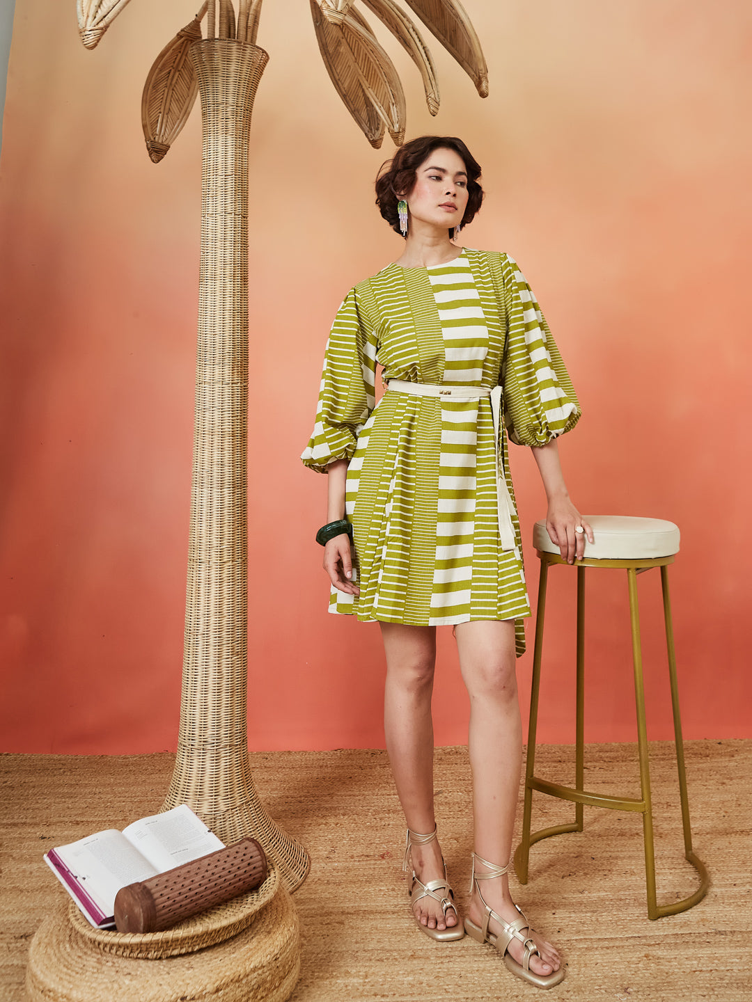 Geometric Striped Dress - Green