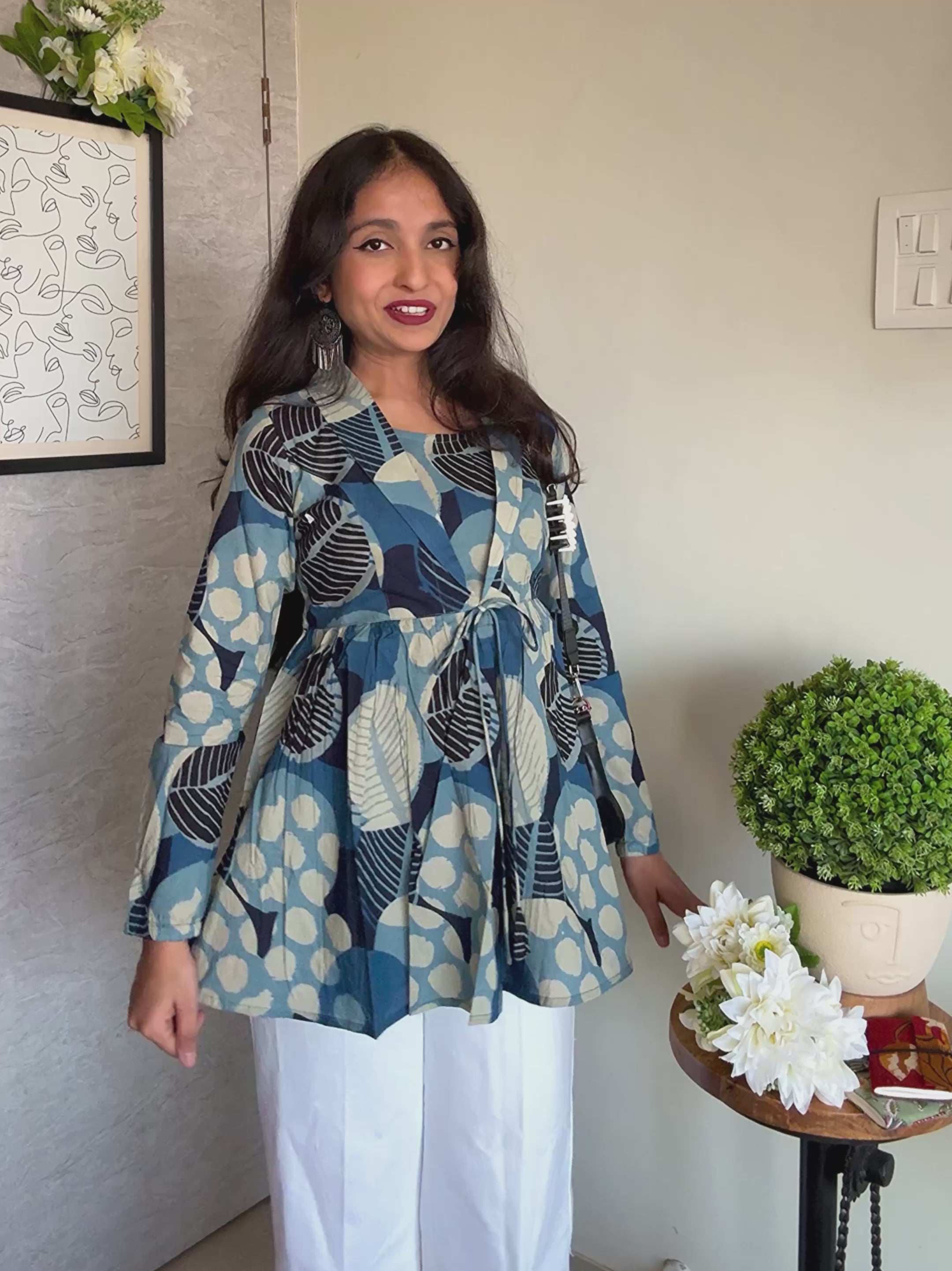 Blue Polka Dot Print Jacket Peplum Kurti