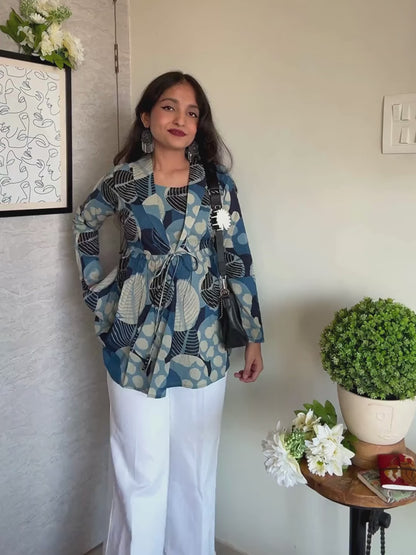 Blue Polka Dot Print Jacket Peplum Kurti
