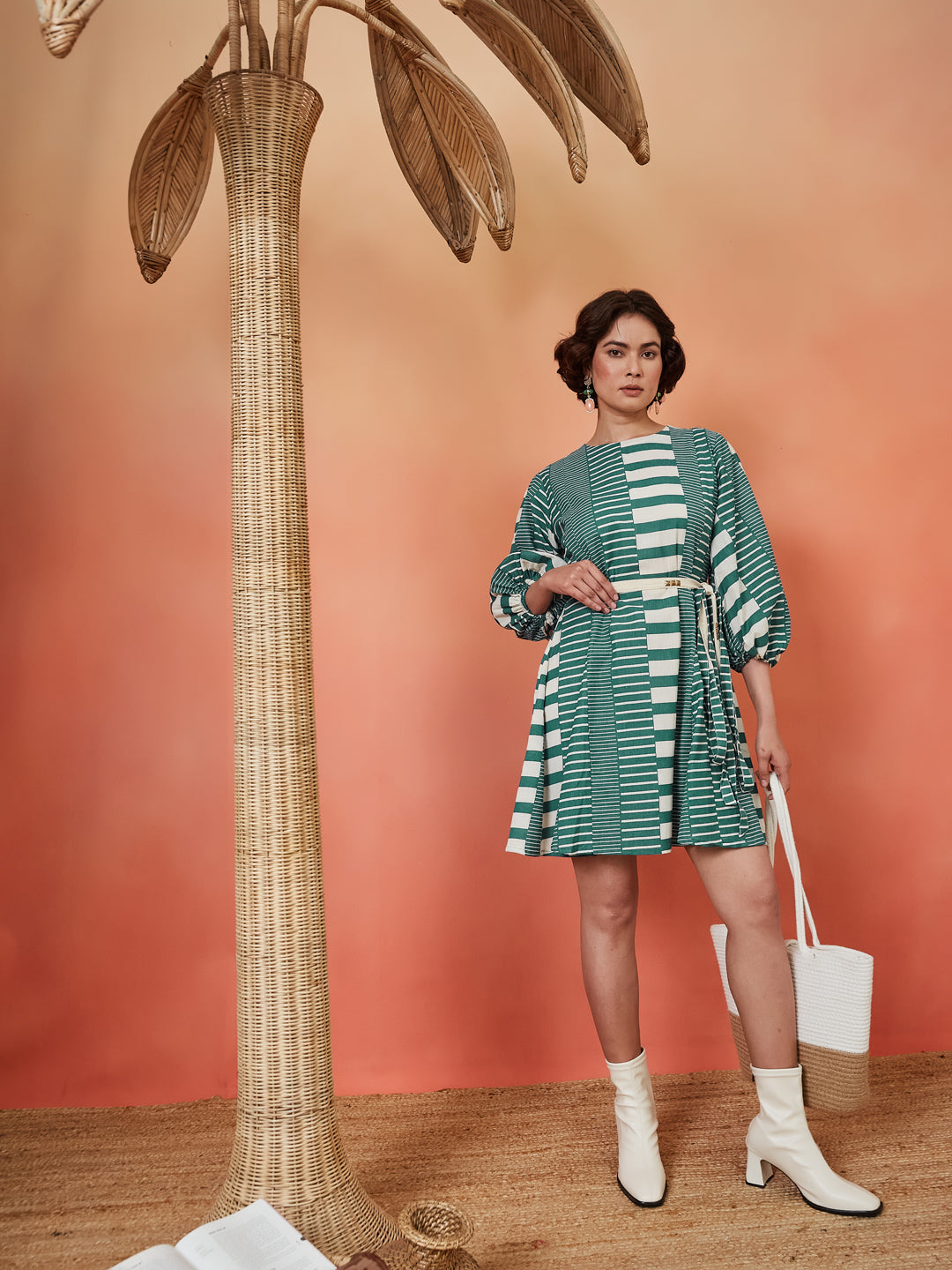 Geometric Striped Dress - Teal