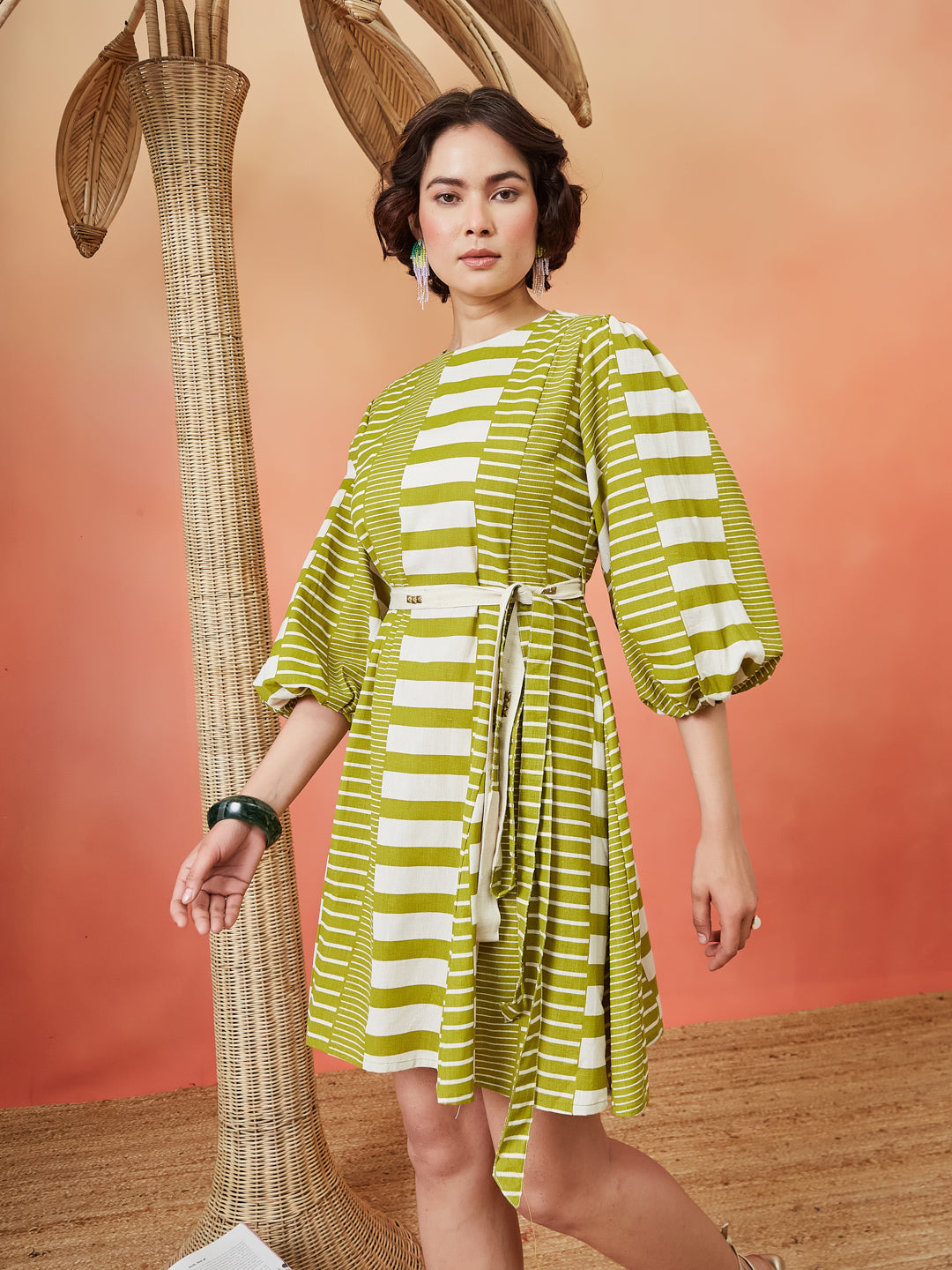 Geometric Striped Dress - Green