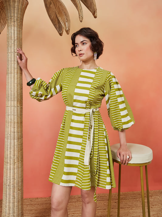 Geometric Striped Dress - Green