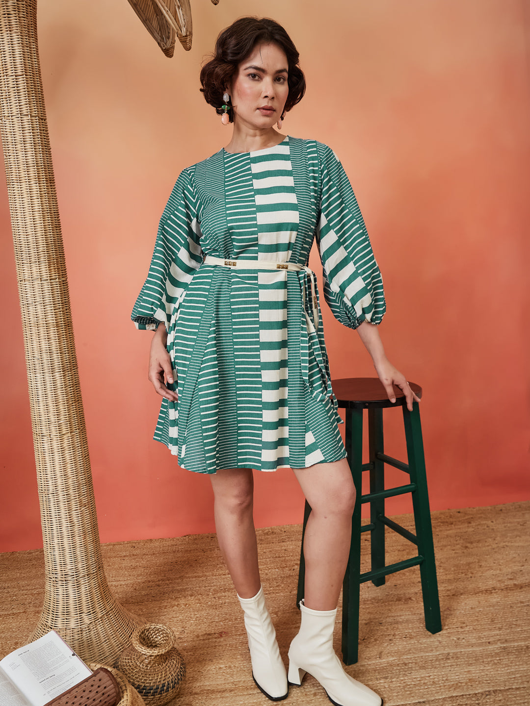 Geometric Striped Dress - Teal